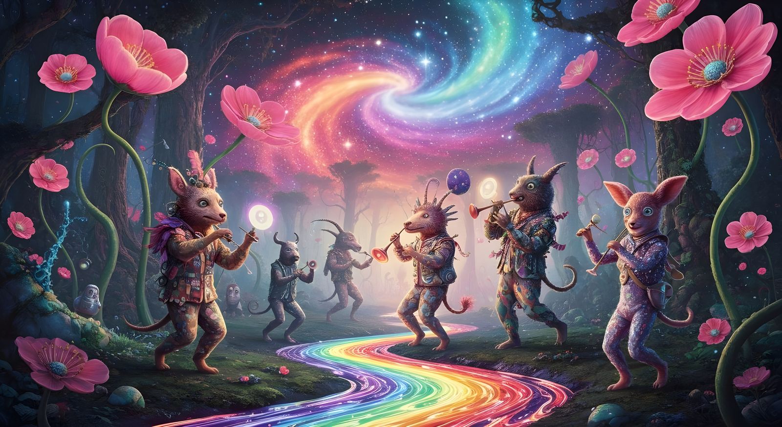 Enchanted Forest Party with Animals in Magic Realism Style