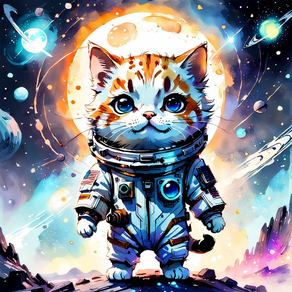 Chibi Cat Astronaut in Space, Watercolor Style