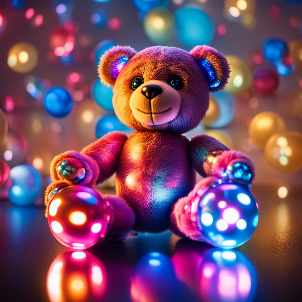 Futuristic Cyborg Teddy Bear with Holographic Balloon