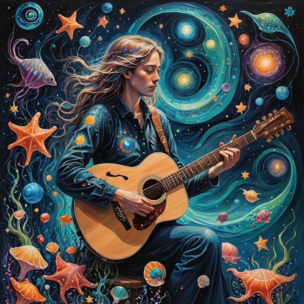 Celestial Guitarist in Surreal Interstellar Symphony