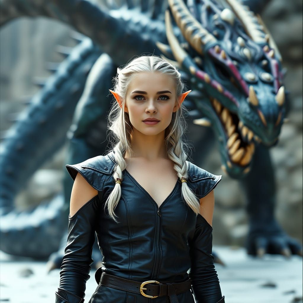 Elegant Elf Maiden Confronts Majestic Ancient Dragon in Cine...