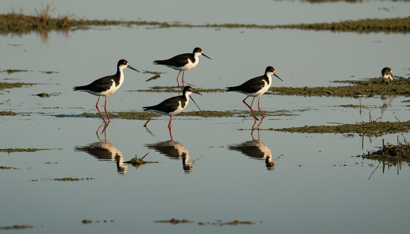 Black-Necked Stilts in Salt Marsh at Dawn