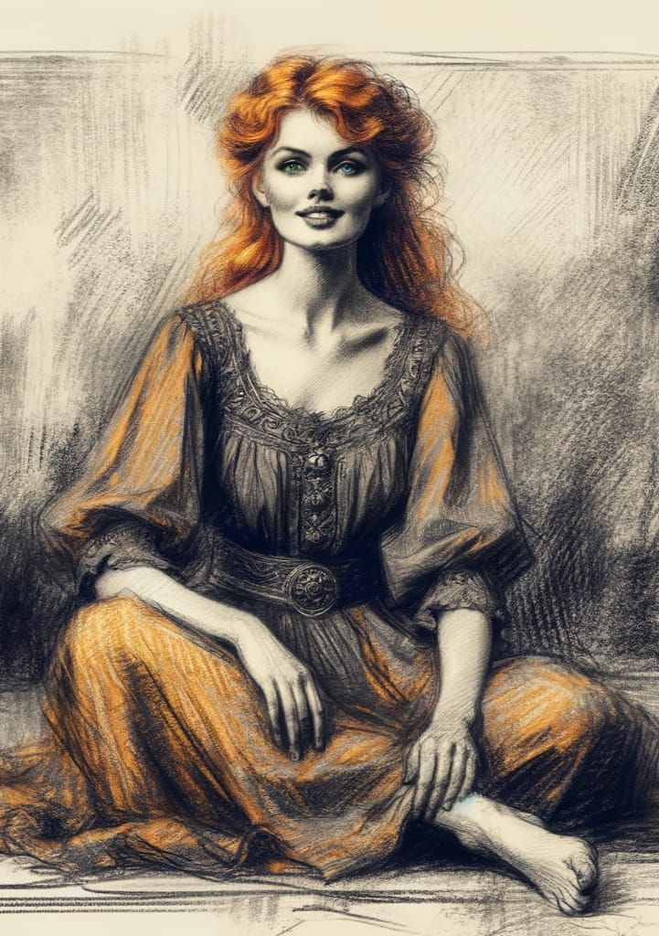 Norse Goddess in Vintage Charcoal Sketch Style