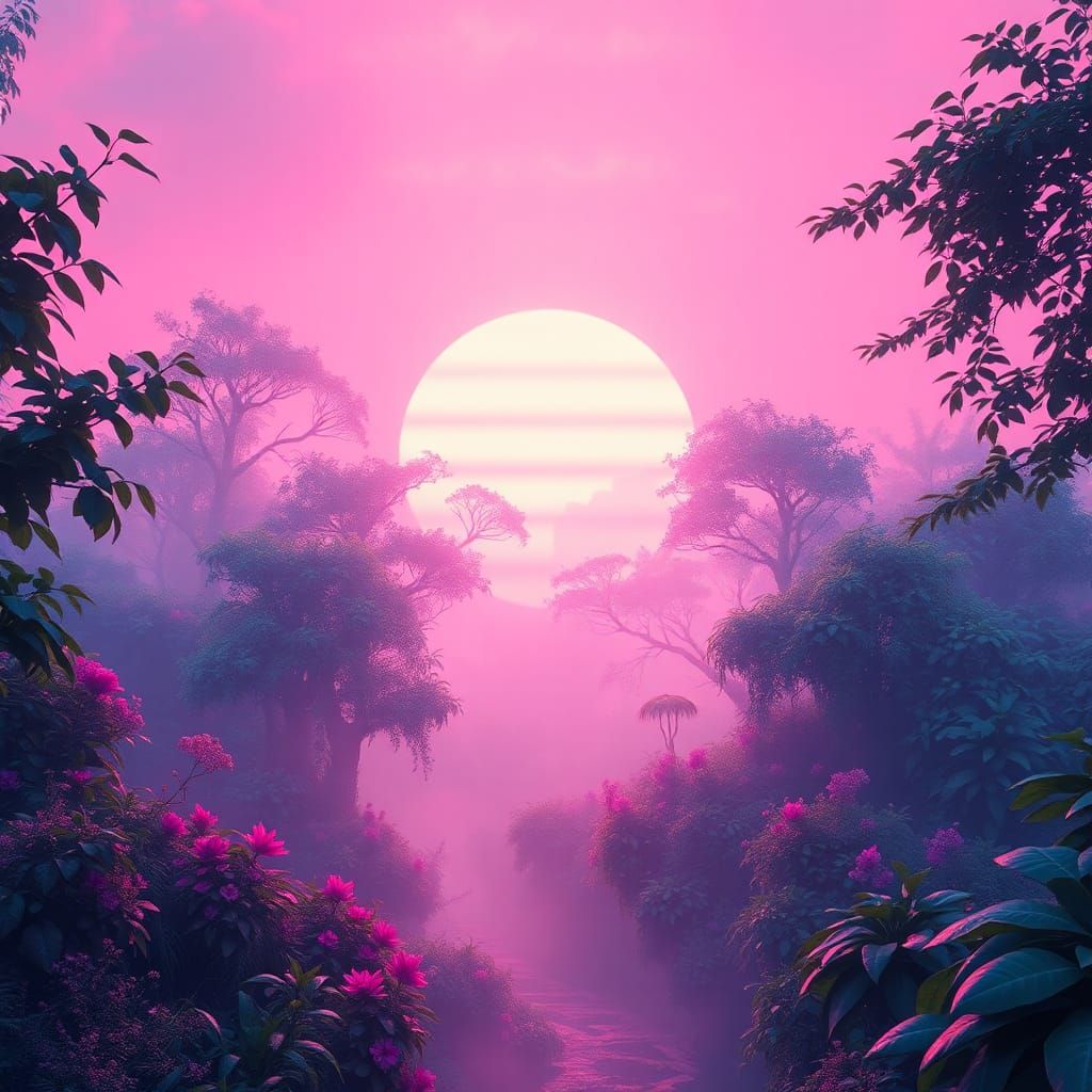 Dreamy Vaporwave Garden of Eden at Sunrise