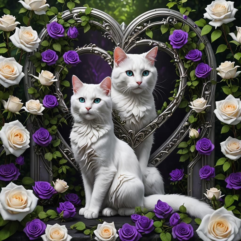 White Cats with Silver Heart in Gothic Style