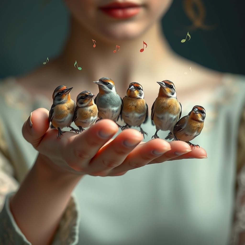 Whimsical Lady's Hand with Iridescent Finches in Dreamlike L...