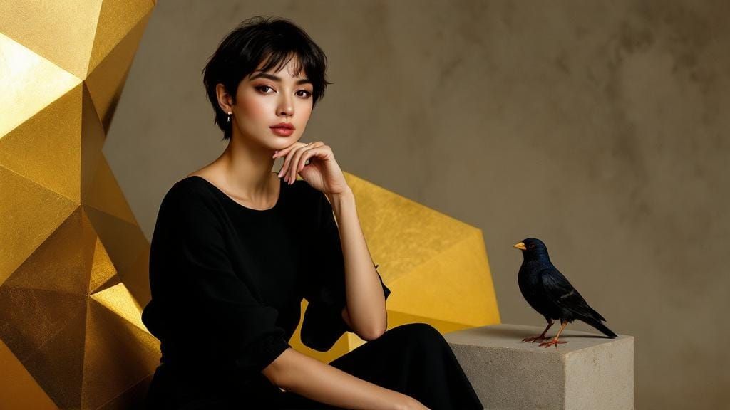 Geometric Portrait of Woman with Bird in Golden Light