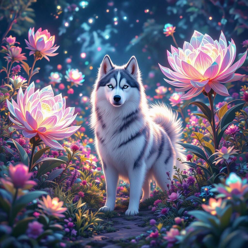 Surreal Bioluminescent Garden with Majestic Husky