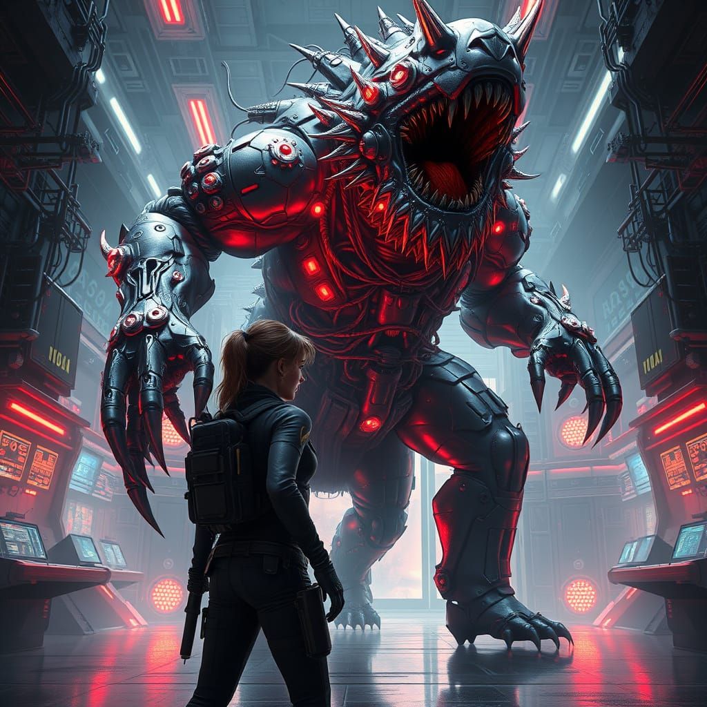 Cyberpunk Gothic Beast in Dystopian Lab
