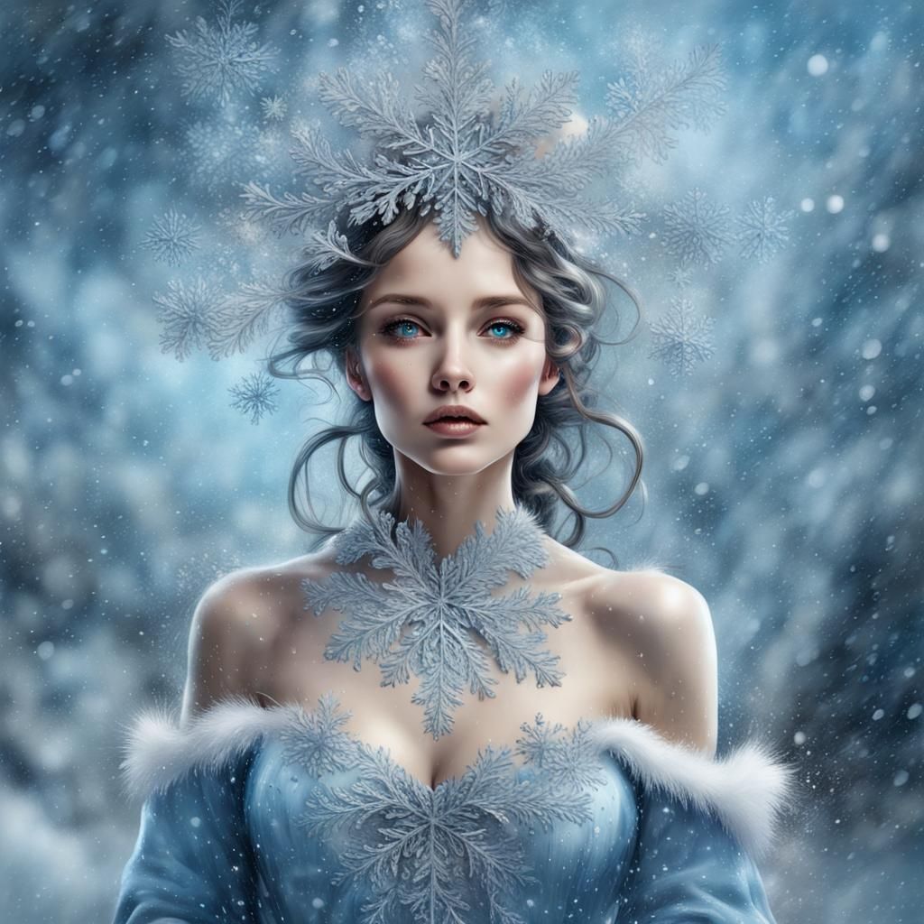 Lady Winter: Surreal Ink Splash Art with Snowflakes