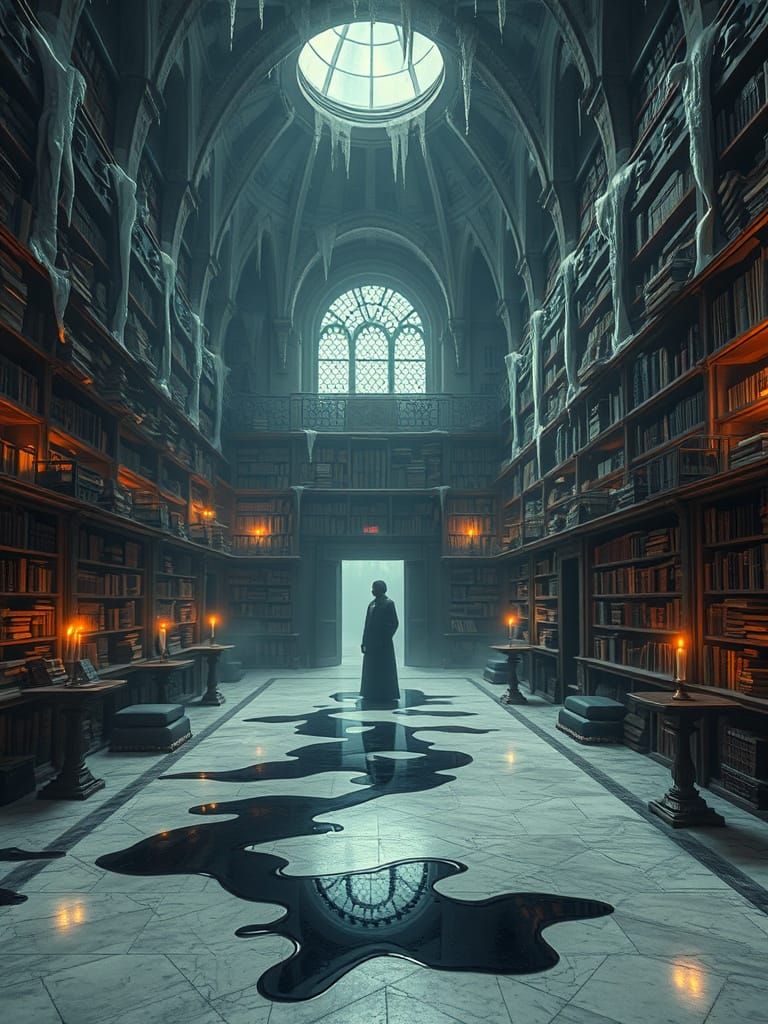 Ruined Library with Ghostly Librarian in Gothic Surrealism