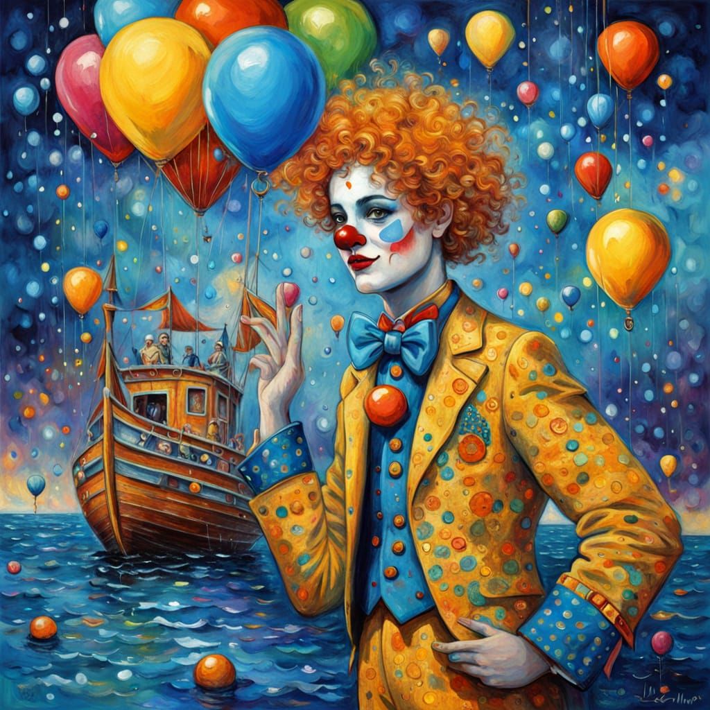 Steampunk Clown Drives Boat in Summer Night