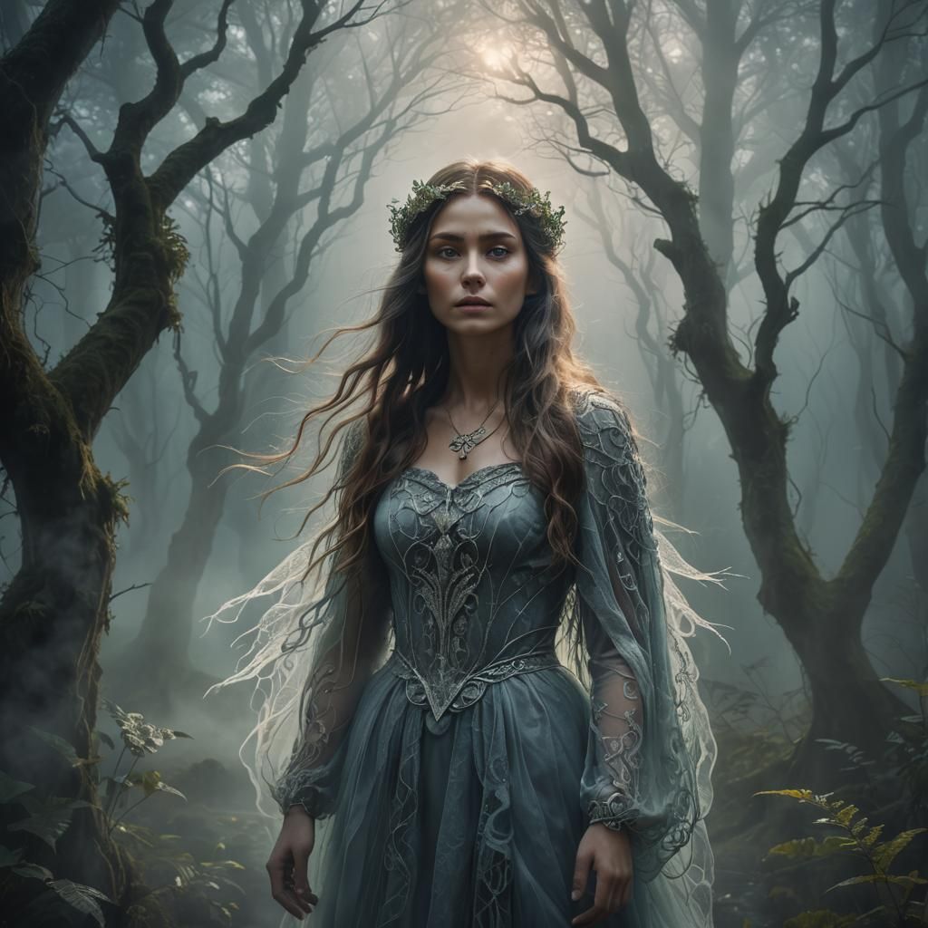 Ethereal Fantasy Woman Shines Under Morning Mist