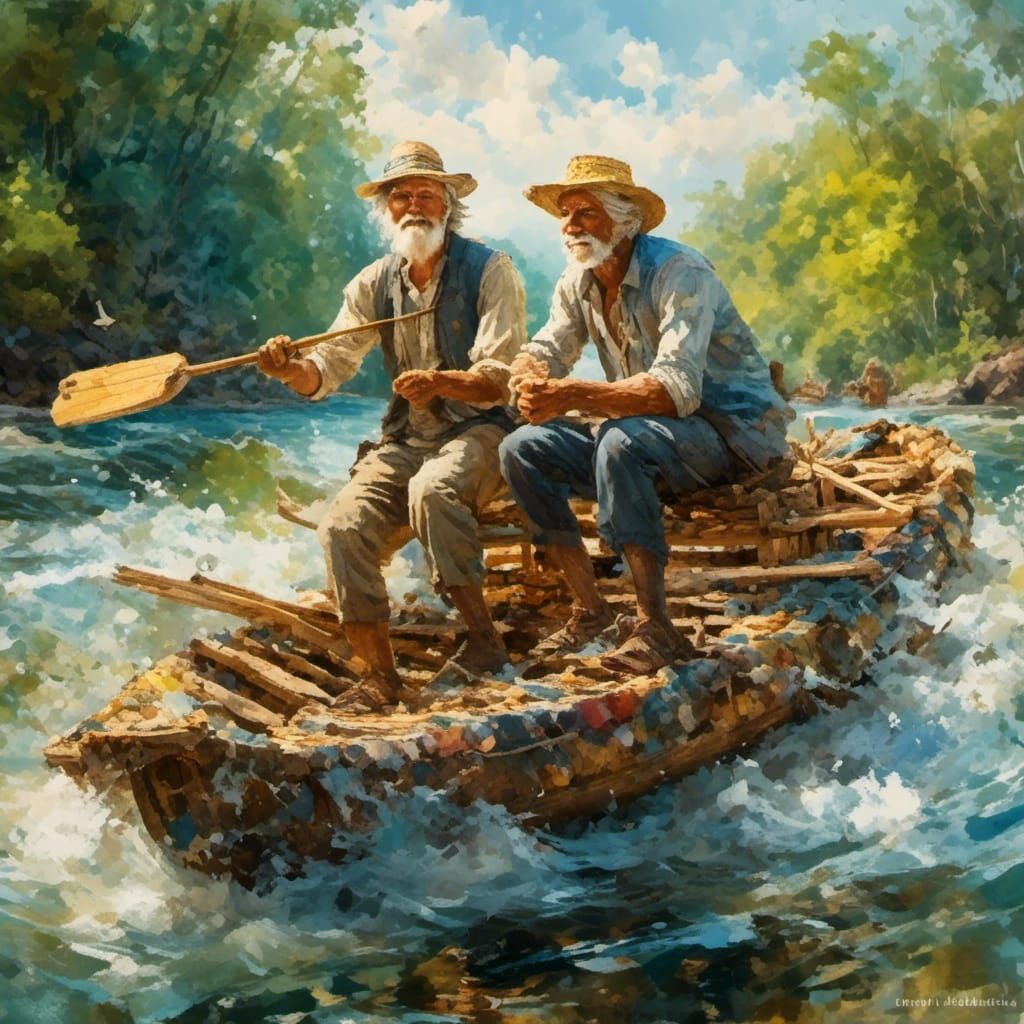 Huck Finn and Uncle Tom in Gouache Style