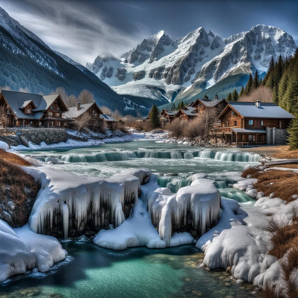 Hyperrealistic Alps Landscape with Waterfalls and Cabins