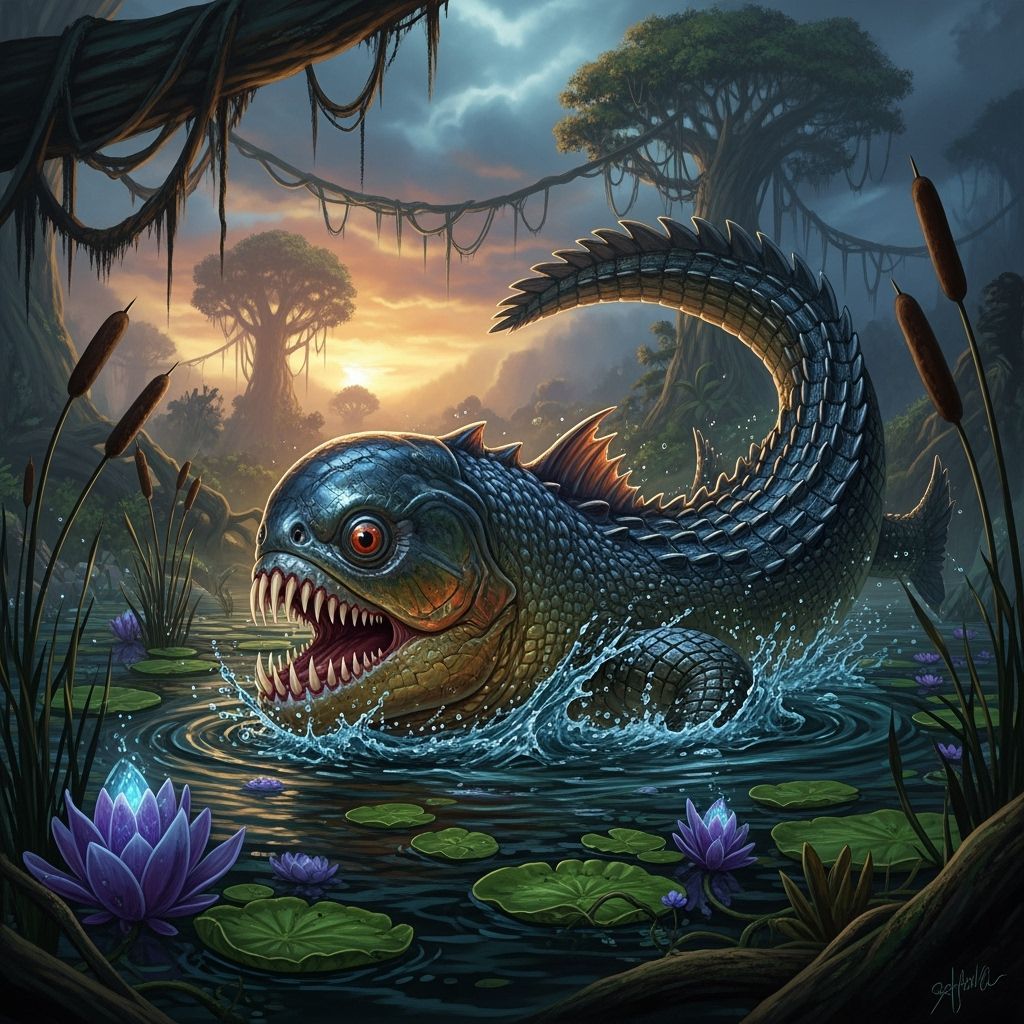 Iridescent Piranha Crocodile Hybrid in Matte Painting Style
