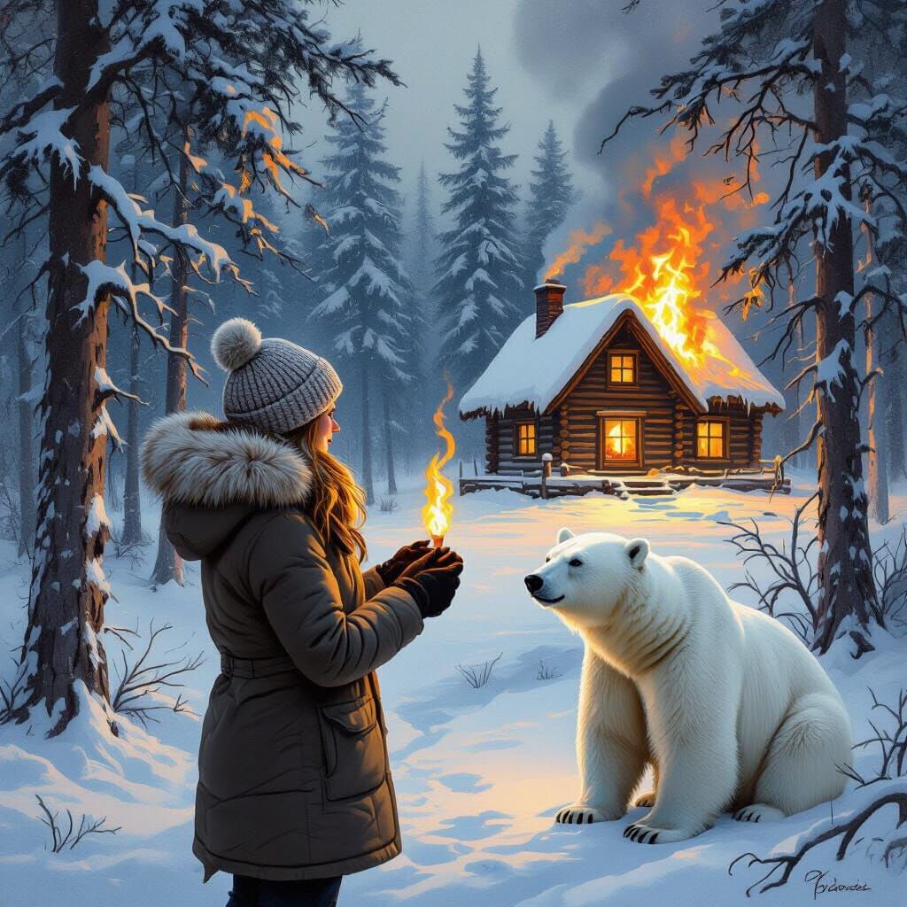 Burning Cabin in Winter Forest, Wildlife Art