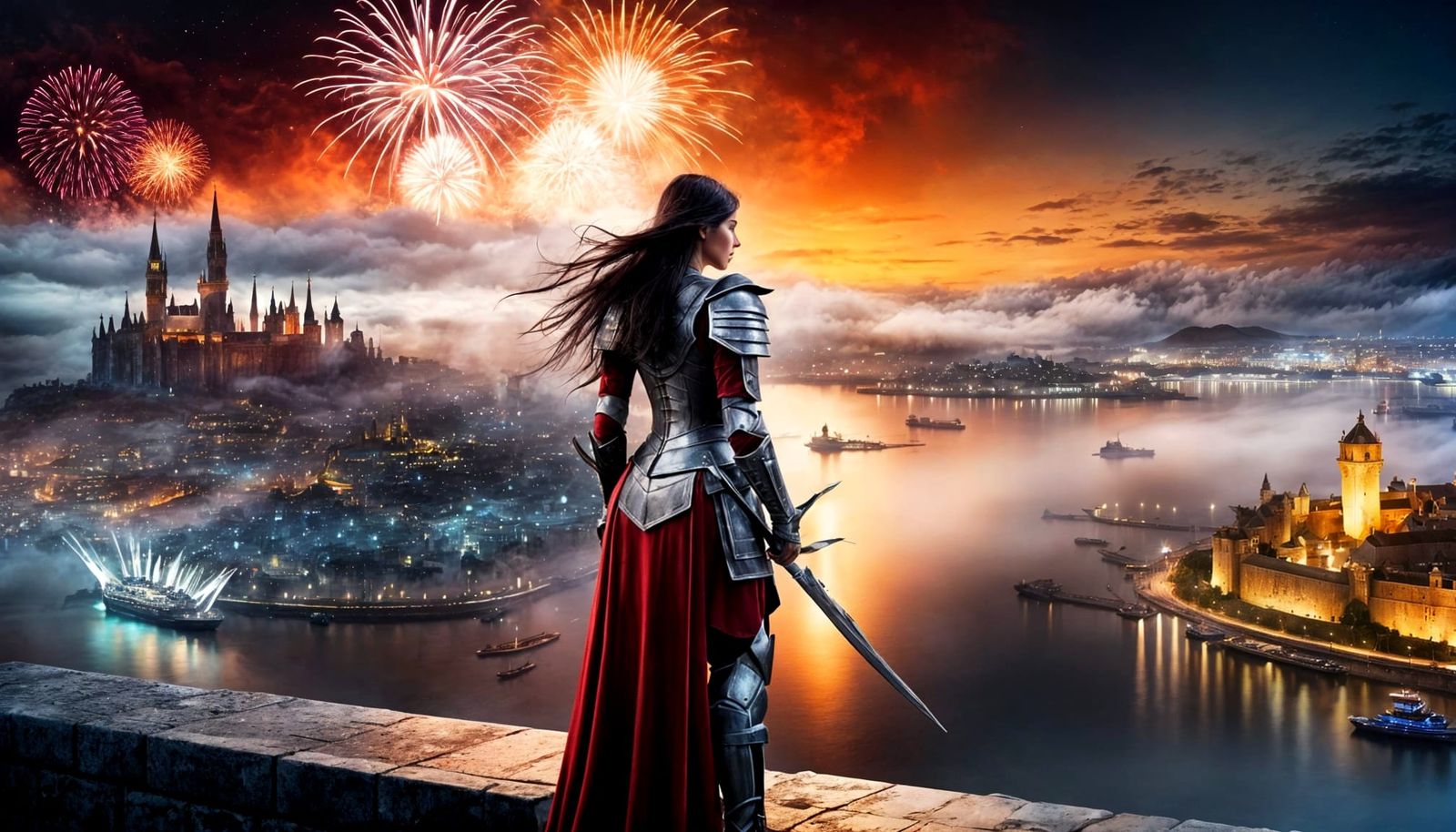 Sci-Fantasy Lord Oversees Cityscape with Fireworks