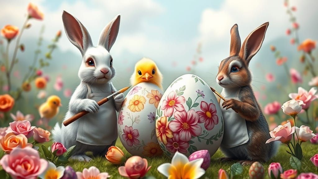 Rabbits and Chicks Painting Easter Eggs: Whimsical 3D Art