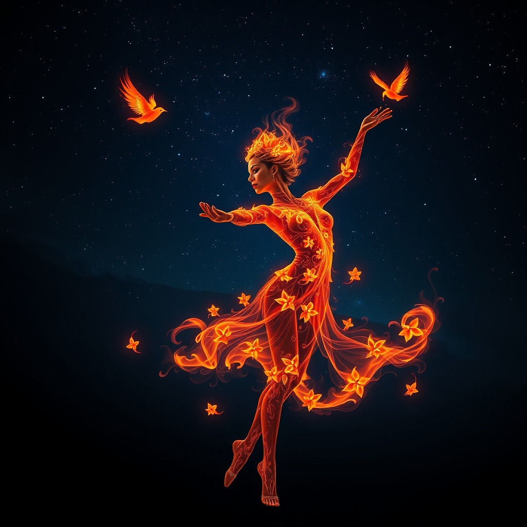 Flaming Dancer Portrait Under Celestial Sky