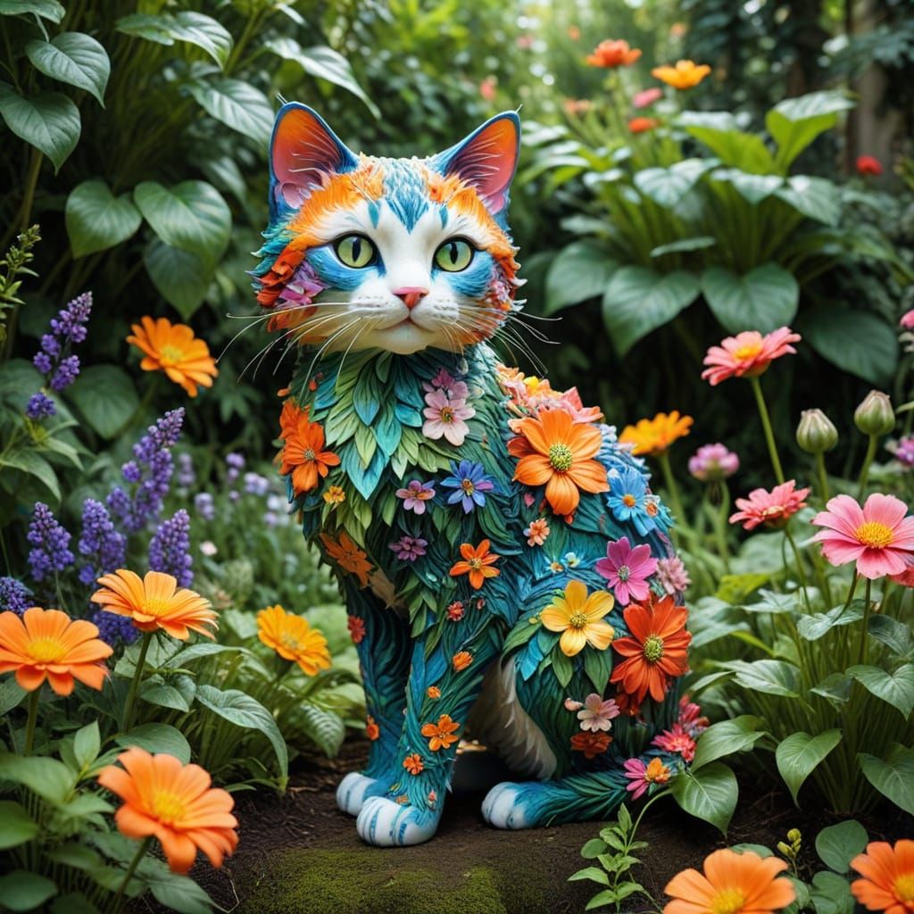 Majestic Flower Cat in Lush Whimsical Garden