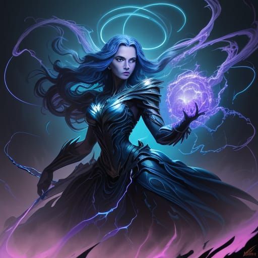 Woman Sculpting Woman from Swirling Electricity