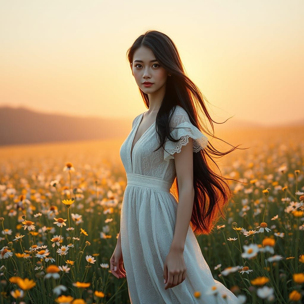 Japanese Woman in Wildflower Field at Dawn