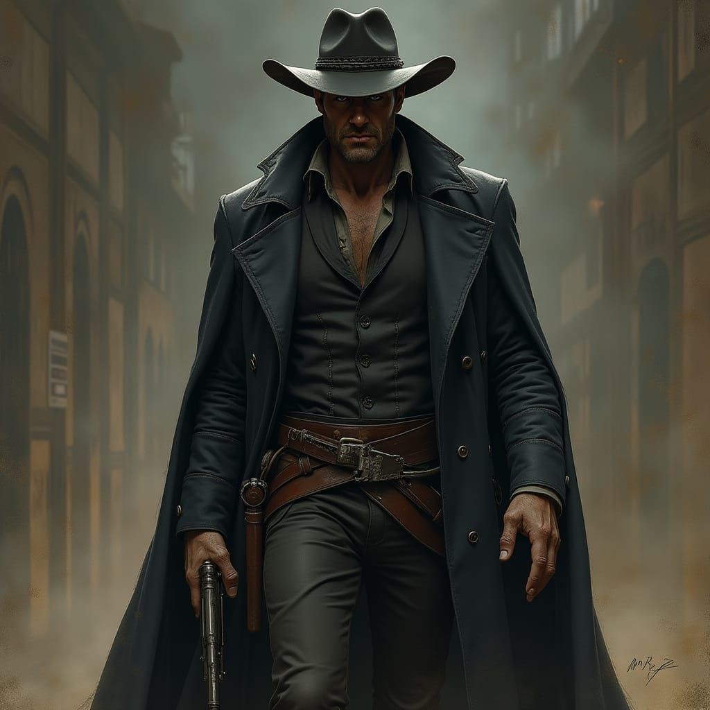 Dramatic Gunslinger Silhouette in Cyberpunk Noir