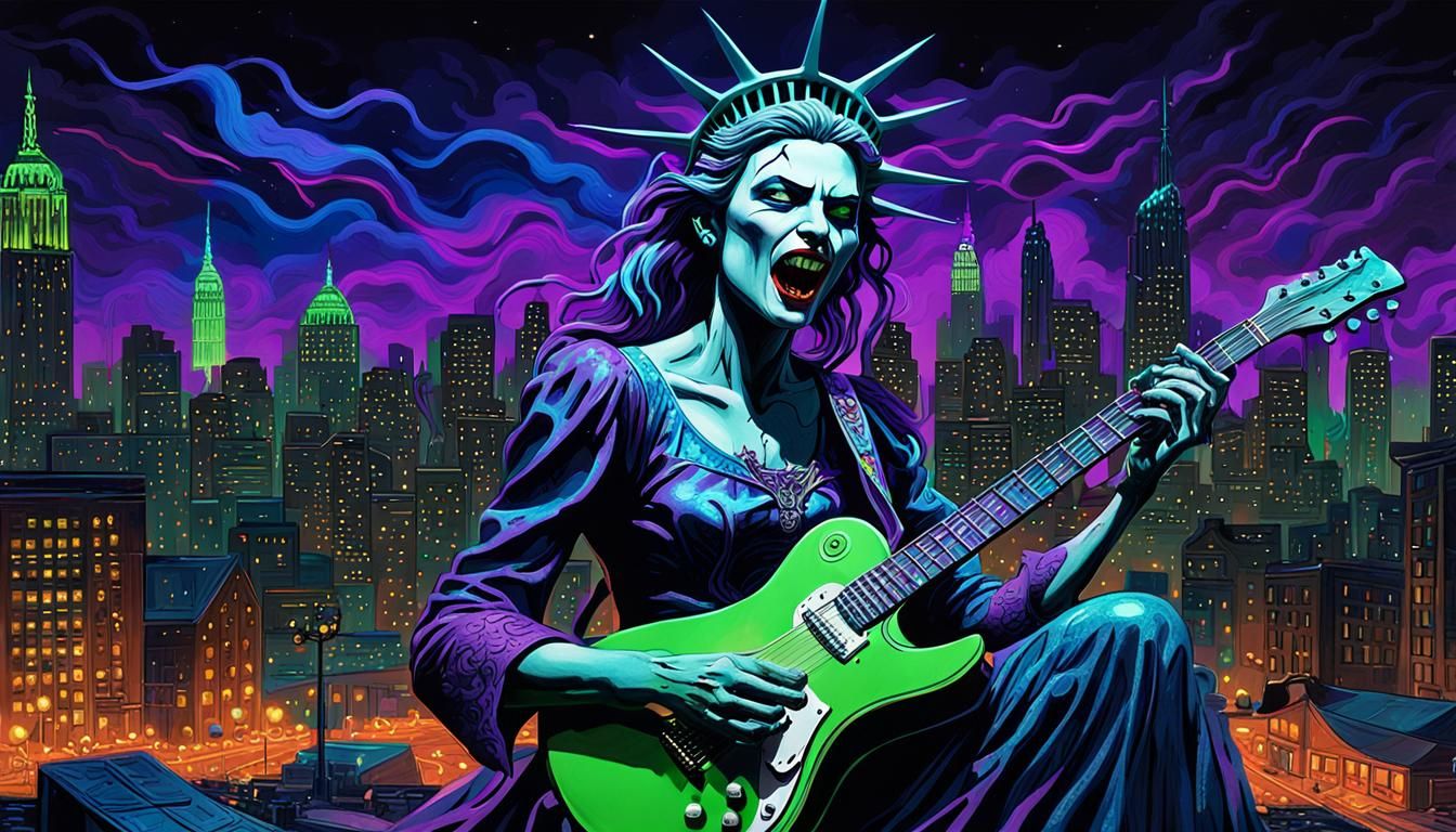 Cyberpunk Vampire Liberty Plays Guitar in Gotham, Airbrush A...