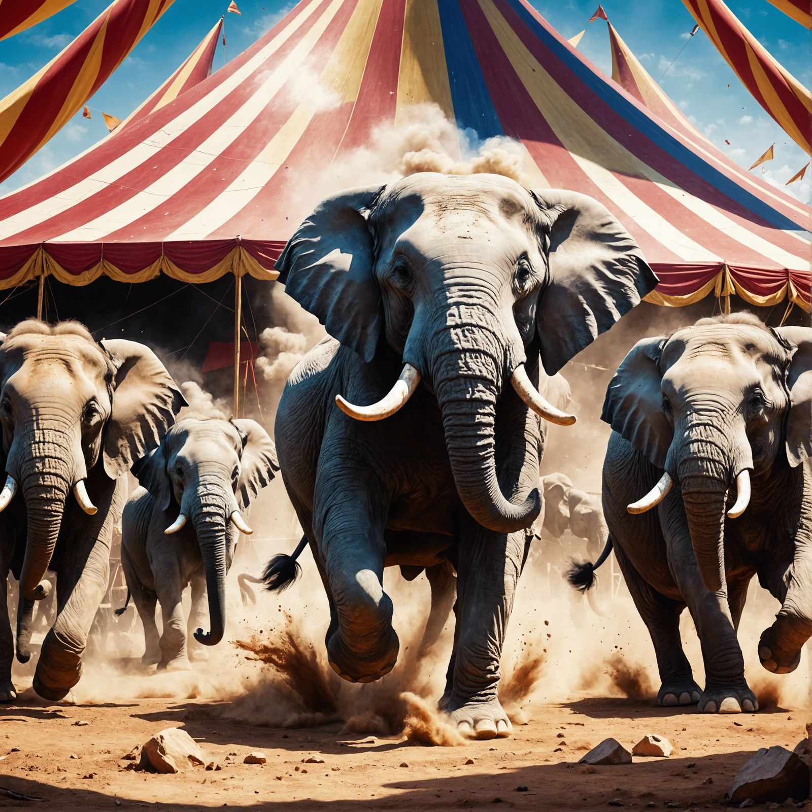 Elephants Escape Collapsing Circus Tent: Hyperrealistic Art