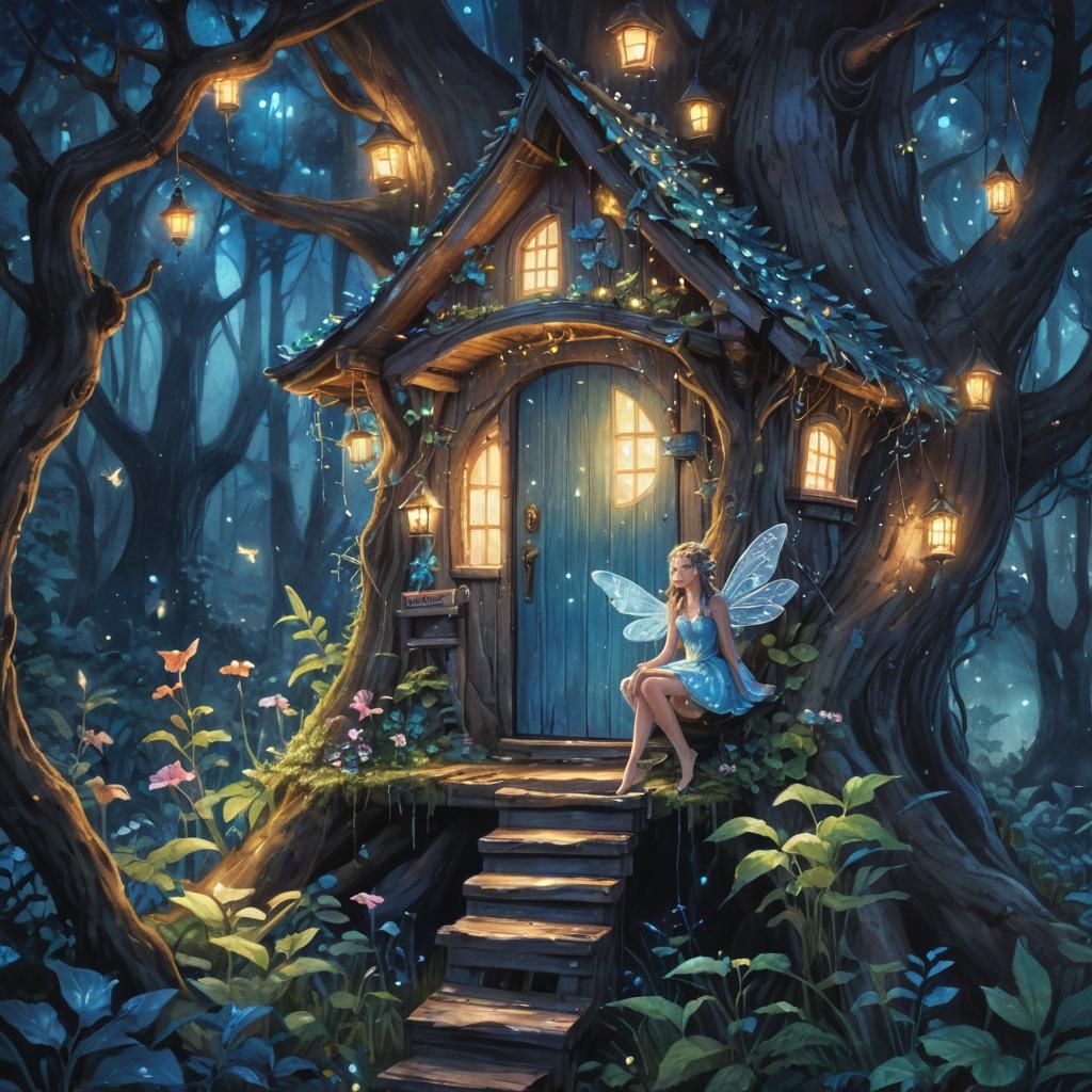 Enchanted Fairy Treehouse in Bioluminescent Forest