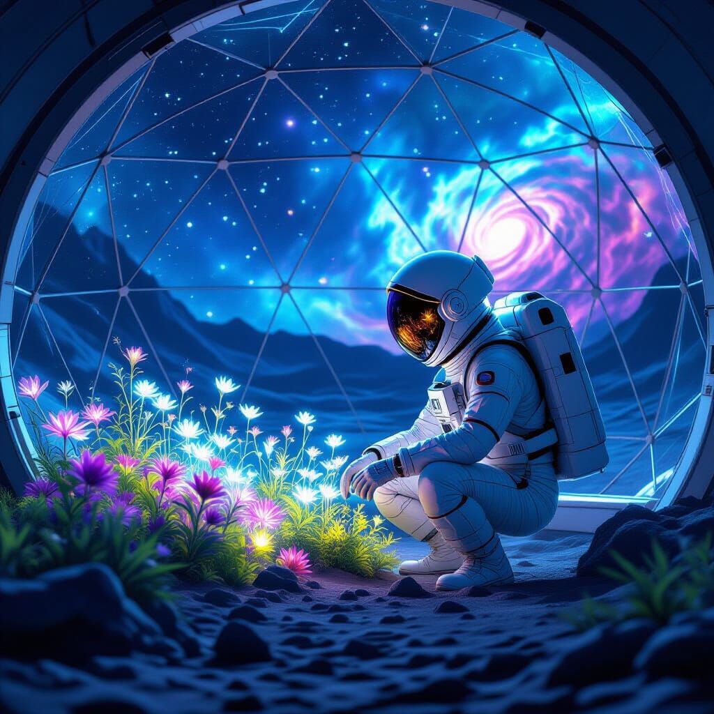 Astronaut Tends Alien Garden Under Nebula