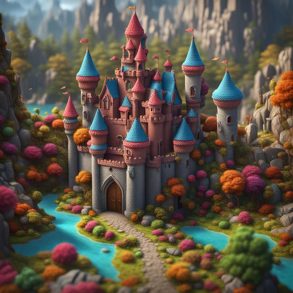 Colorful Crochet Castle in Fantasy Town
