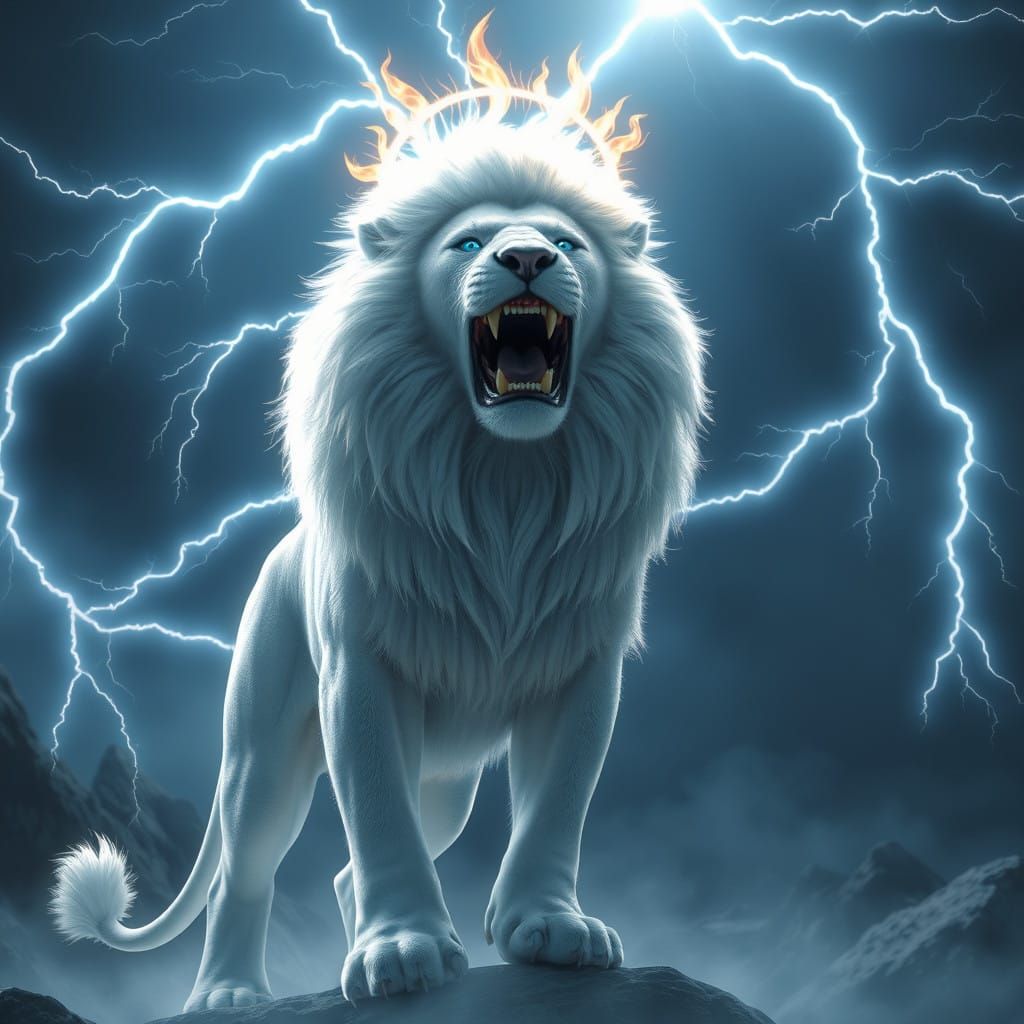 Majestic White Lion in Ethereal Fantasy Realm