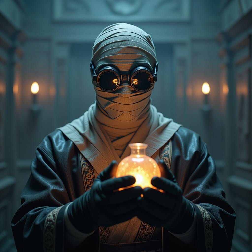 Mummy Man with Glowing Potion in Dramatic Cinematic Lighting