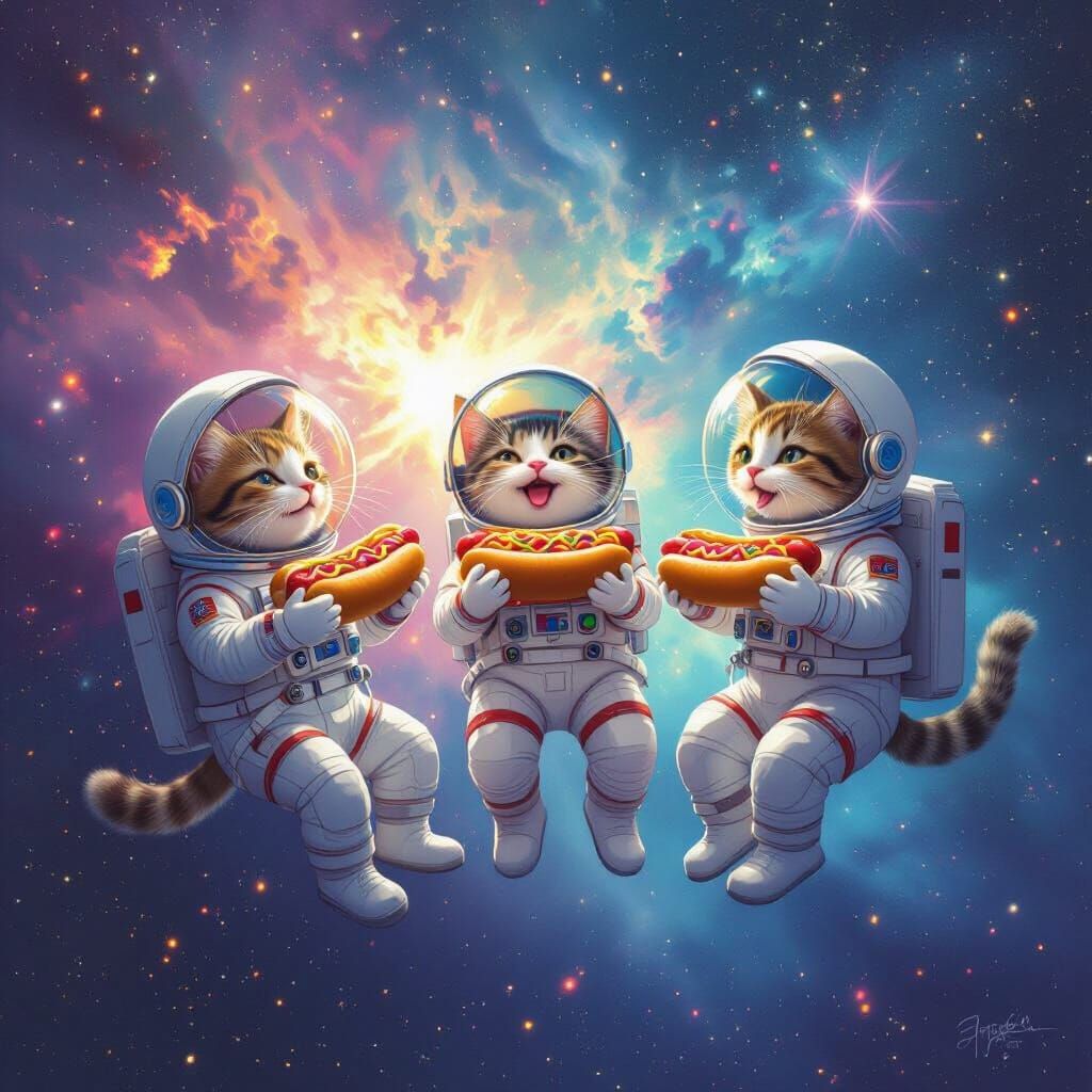 Cosmic Cats Enjoying Hotdogs Among Nebulae