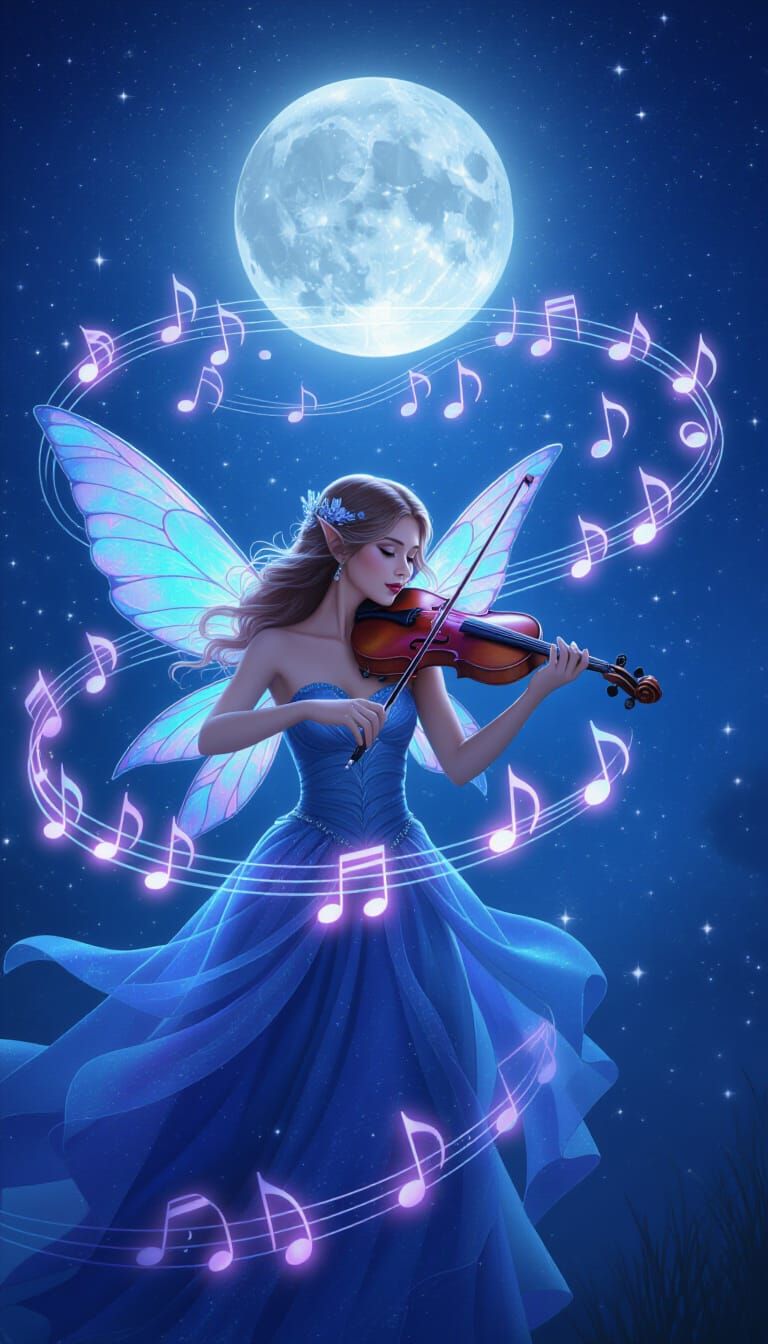 Enchanting Fairy Violinist with Glowing Music Notes in Moonl...