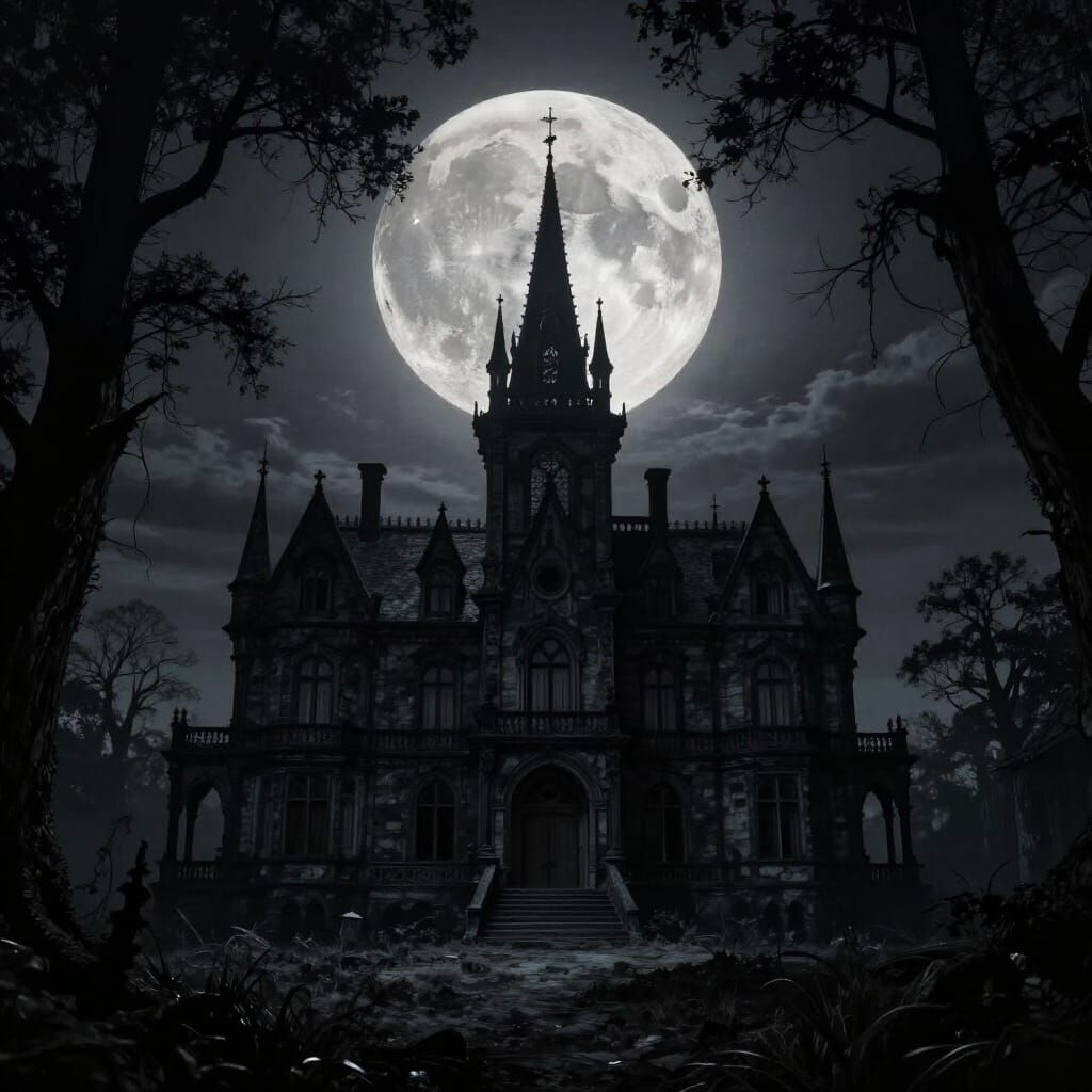 Ominous Gothic Mansion Under Luminous Full Moon