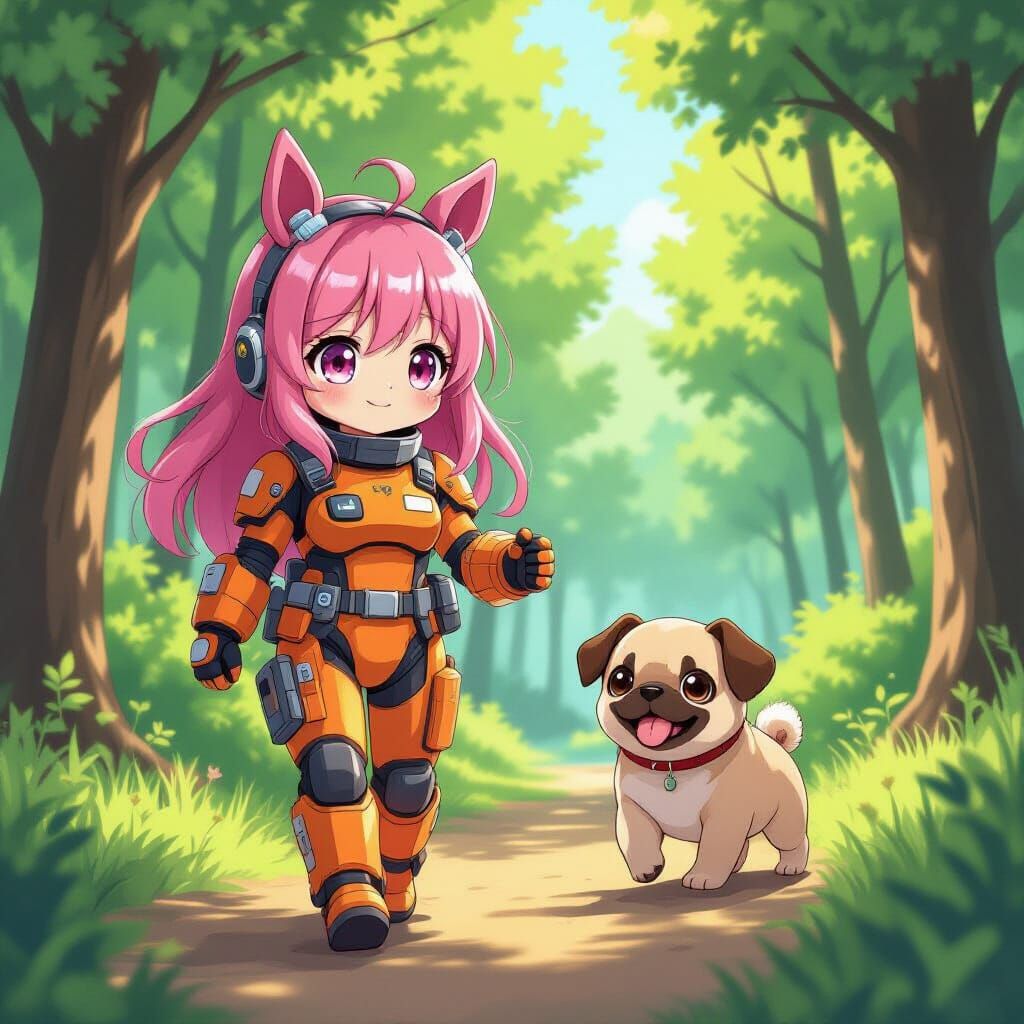 Anime Girl with Puppy in Stylized Cel-Shaded Forest