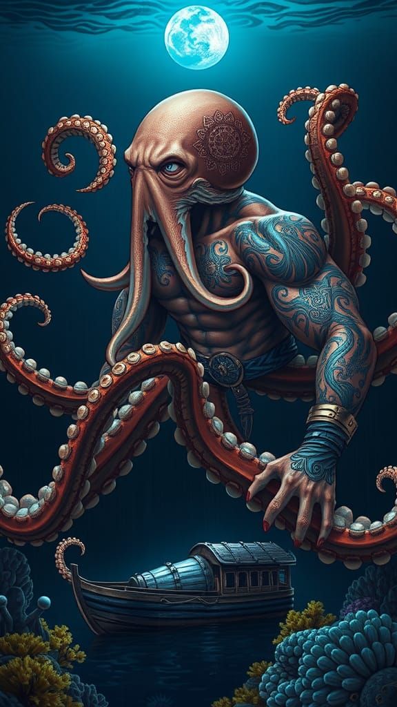 Viking Octopus Hybrid Warrior Rises from the Deep