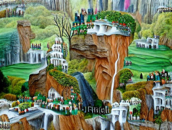 Rivendell Capital City with Waterfall in Naive Art