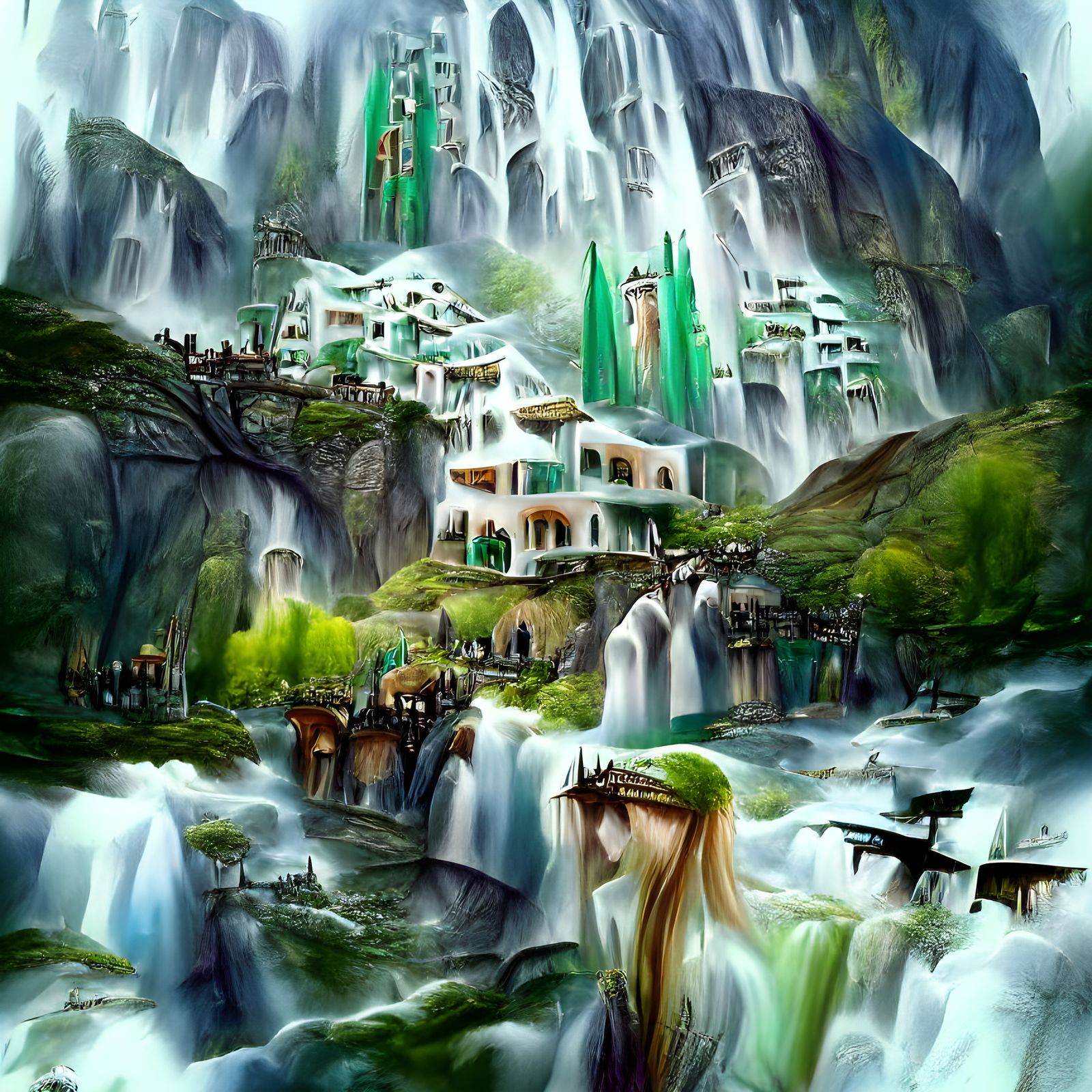 Elven City on Emerald Mountains: Fantasy Illustration