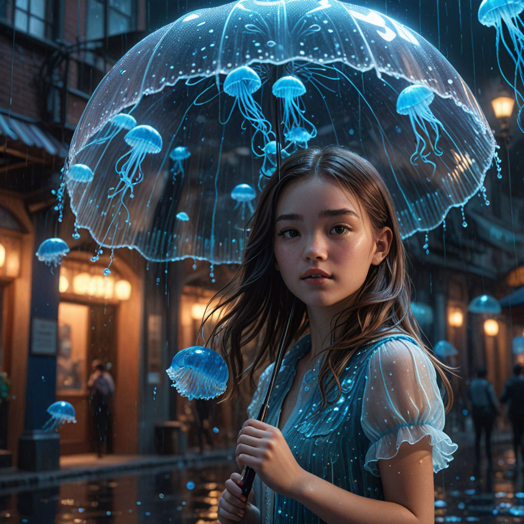 Cute Girl Under Dreamscape Jellyfish Umbrella in Disney Styl...