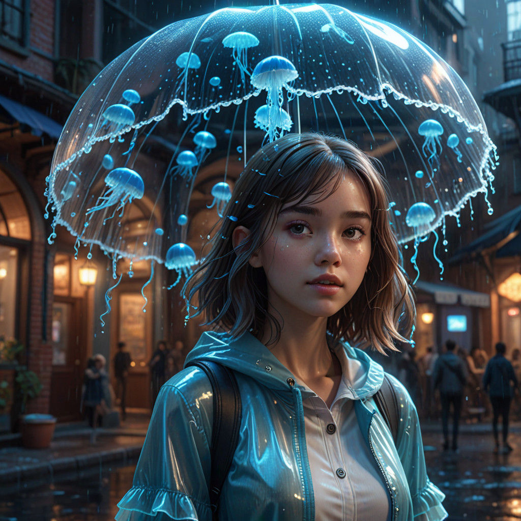 Surreal Dreamscapes: Enchanting Girl Under Translucent Blue...