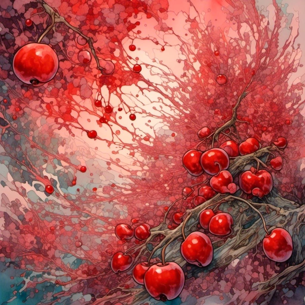 Exploding Cherry in Watercolor Art Style