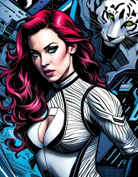 White Tiger Superheroine in Sci-Fi Graffiti Style