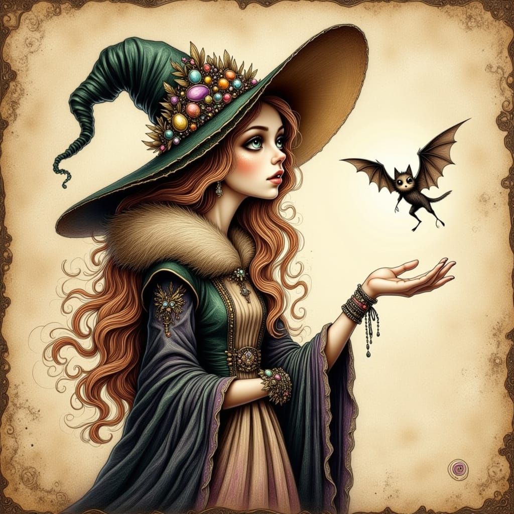 Mystical Enchantress with Bat in Pencil Sketch Style
