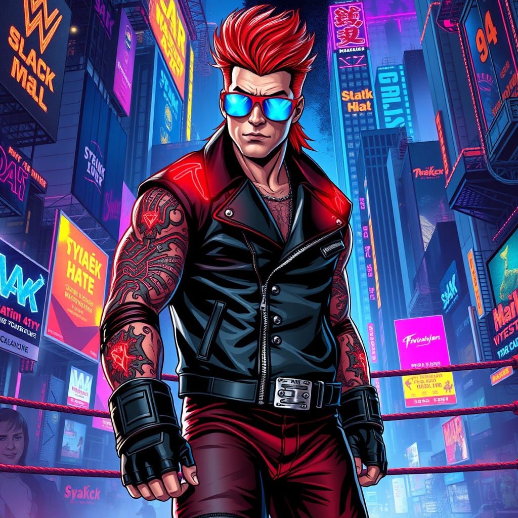 Cyberpunk Warrior Enters the Ring with Fiery Red Hair and Gr...