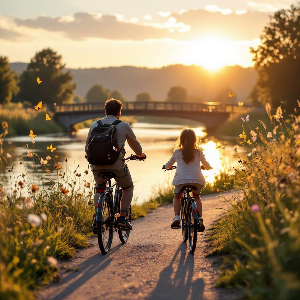 Golden Hour Cycling Scene: Bridge, River, and Butterflies