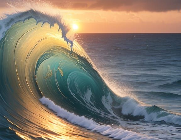 Golden Hour Ocean Wave Tunnel in Photorealistic Style